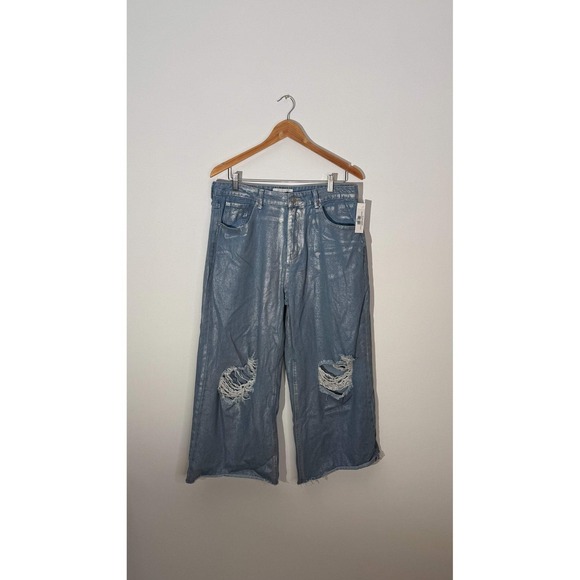 Fashionova Denim - Fashionova Wide Leg Jeans Women Size 13 Silver Metallic Distressed Cropped